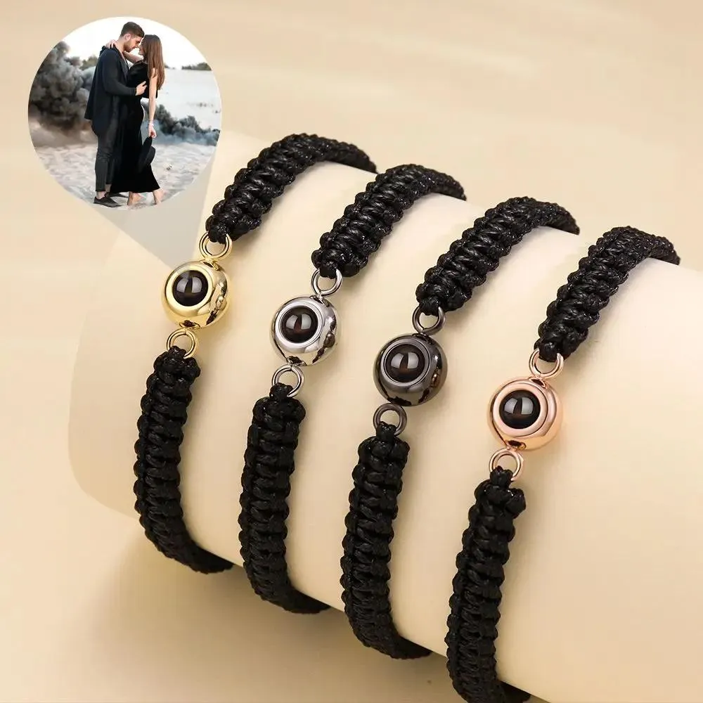 Sieraden aangepaste foto armbanden gevlochten touw gepersonaliseerde fotoprojectie roestvrijstalen armband voor vrouwen mannen paar sieraden cadeau