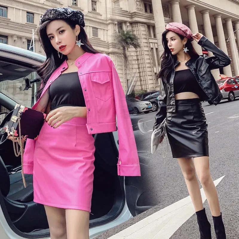Women's PU Leather mini skirt and Jacket Set - Long