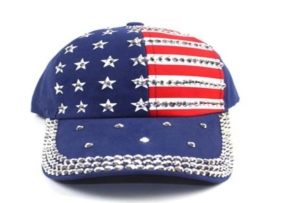 Berretto da baseball di cristallo bandiera americana Berretto da baseball Donna Uomo Estate Snapback Cappello Hip Hop Bling Strass Stripe Stars Cap LJJJ912289603