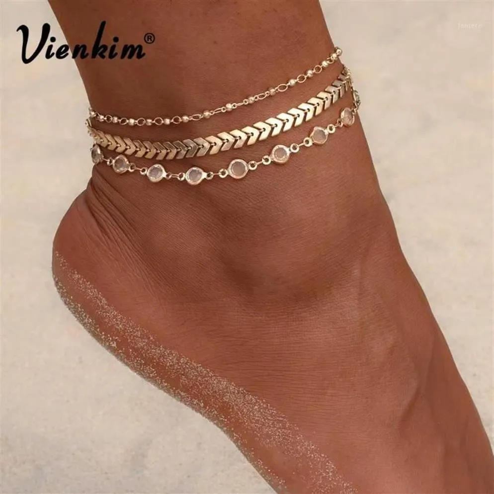 Vienkim 3 pièces lot cristal paillettes cheville ensemble plage pied bijoux Vintage cheville bracelets pour femme été fête cadeau 20221251P