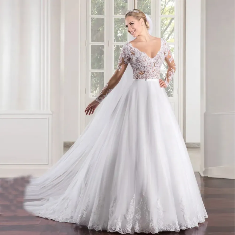 Stunningbride 2024 Durchsichtiges Mieder A-Linie Sexy Lange Ärmel Tiefer V-Ausschnitt Brautkleid Spitzenapplikationen Casamento China Brautkleider