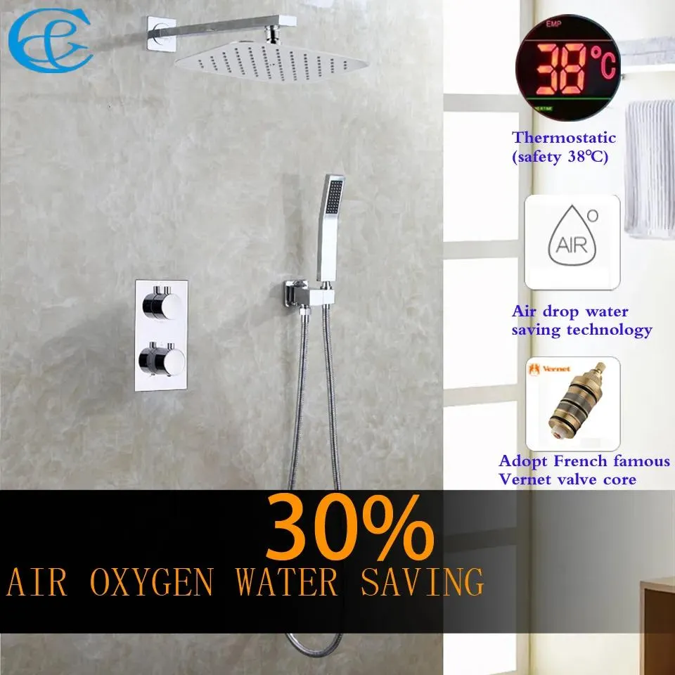 Sets C&C Thermostatic Bathroom Shower Faucet Air Drop Water Saving Rain Shower Head All Metal Chrome Mixer Bath & Shower Set