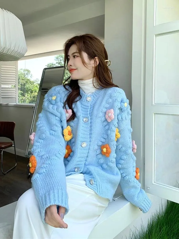 여자 니트 Zoki Sweet 3d Floral Women Knitted Cardigan 우아한 프레피 스타일 느슨한 스웨터 코트 한국 캐주얼 긴 소매 o 목 패션