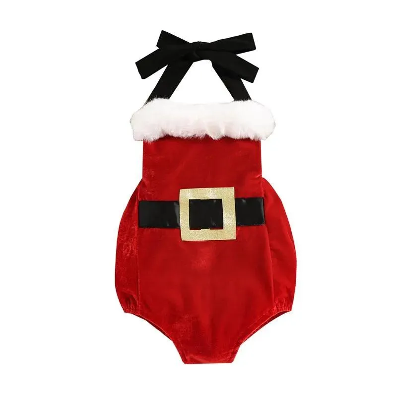 Born Bebek Kız Noel Bodysuit Yular Arka Çıkmaz Romper Moda Polar Square Yaka Tulum, 024 aylık