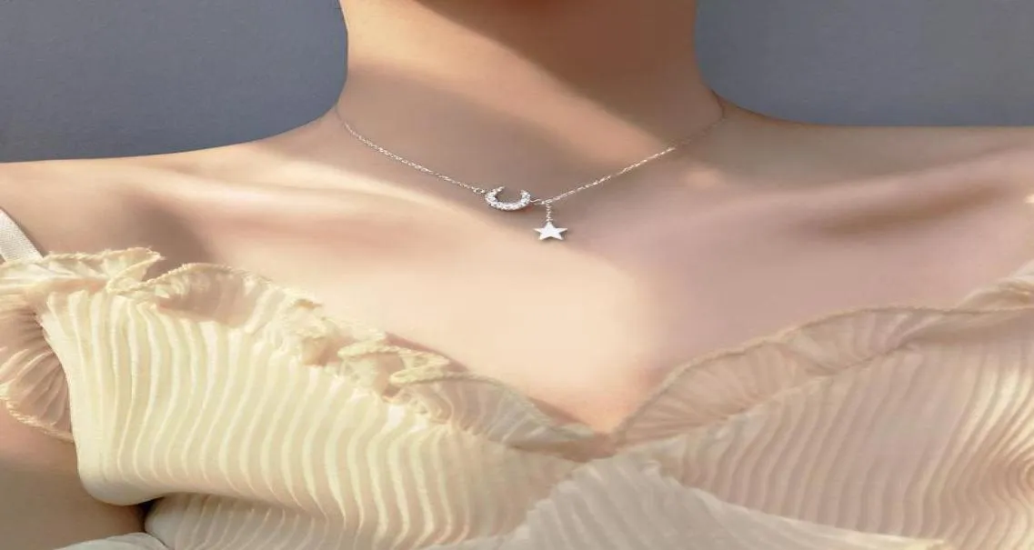 Médaillons Exquis Flash diamant lune étoile gland mignon clavicule chaîne 925 pendentifs en argent Sterling pour les femmes cadeau d'anniversaire Fine Jew5552936