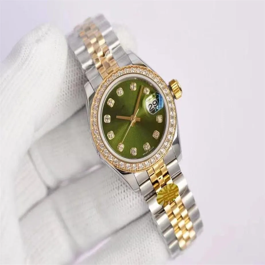 Högkvalitativ 26mm Fashion Gold Ladies Dress Watch Diamond Sapphire Mechanical Automatic Women's Watches rostfritt stål Strap236n