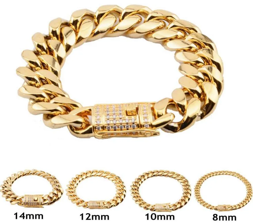 Bracelets en acier inoxydable plaqué or 14 carats pour hommes, 8mm, 10mm, 12mm, 14mm, 16mm, 18mm, poli, Miami, lien cubain, Punk, gourmette en or, 9017135