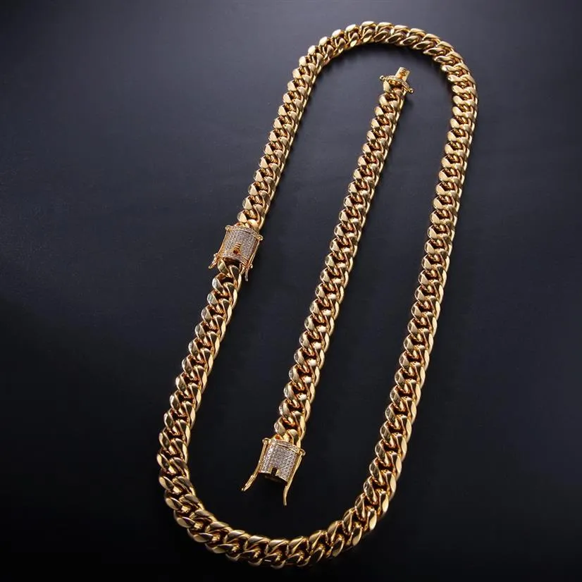 12mm 14mm Mens Cuban Miami Link Bracelet & Chain Set Rhinestone Clasp Stainless Steel Gold Hip Hop Necklace Chain Jewelry Set2474