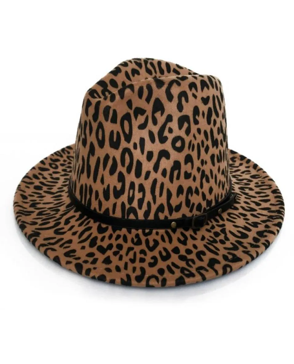 Fashion Women Leopard Print Wool Felt Fedora Jazz Hats Classic Bowler Hat Ladies Trend Large Brimmed Panama Party Trilby Cap8889454