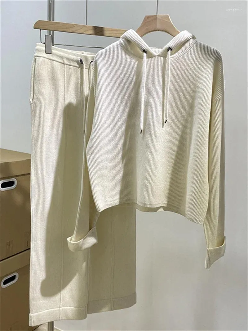 Women's Two Piece Pants Cashmere Ladies Hooded Long-Sleeved Pullover Or Elastic Waist Drawstring Straight Autumn Winter Knit Suit