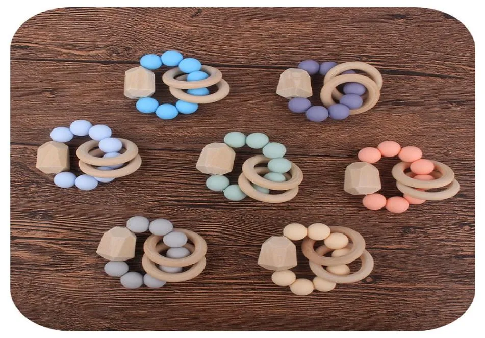 Baby Teether Rings Food Grade Beech Wood Teething Ring Soothers Chew Toys Shower Play Round Wooden Bead Newborn Silicone teethers 7710791