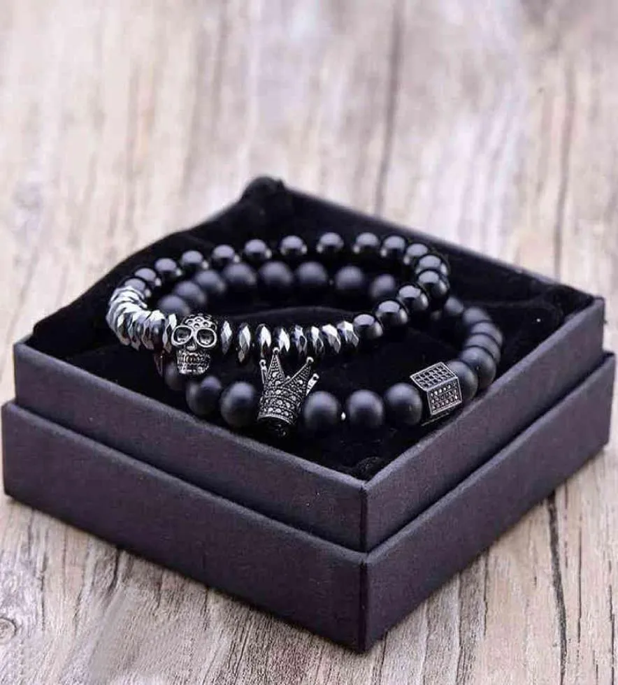 Men Bracelet Natural Moonstone Bead Matte Oxyn Stone Beads Skull Set Crown Jewelry Mens Bracelets For Women1020573