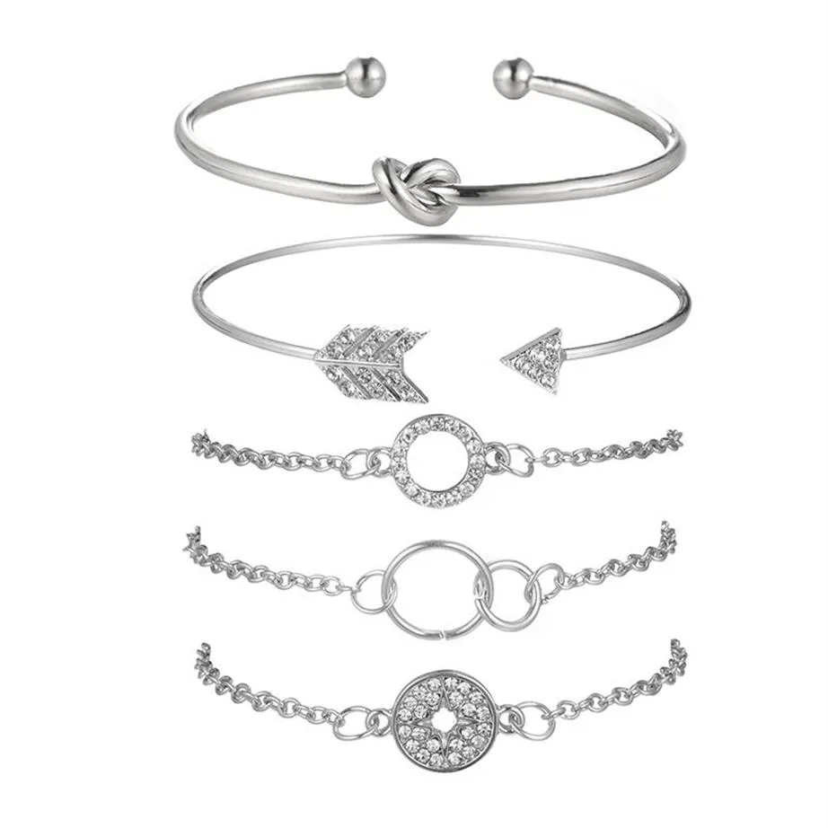 5-teiliges Kettenarmband mit rundem Diamant-Knoten-Pfeil und offener Geometrie, verstellbares Manschettenarmband, offene Linie, stapelbares Surround-Armband-Set f182s