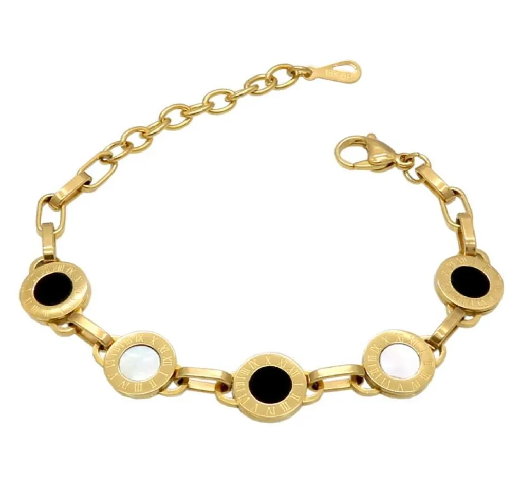 Wholefashion luxo novos algarismos romanos pulseira preto branco titânio aço concha redonda mulheres amor casal pulseira jóias who7517116