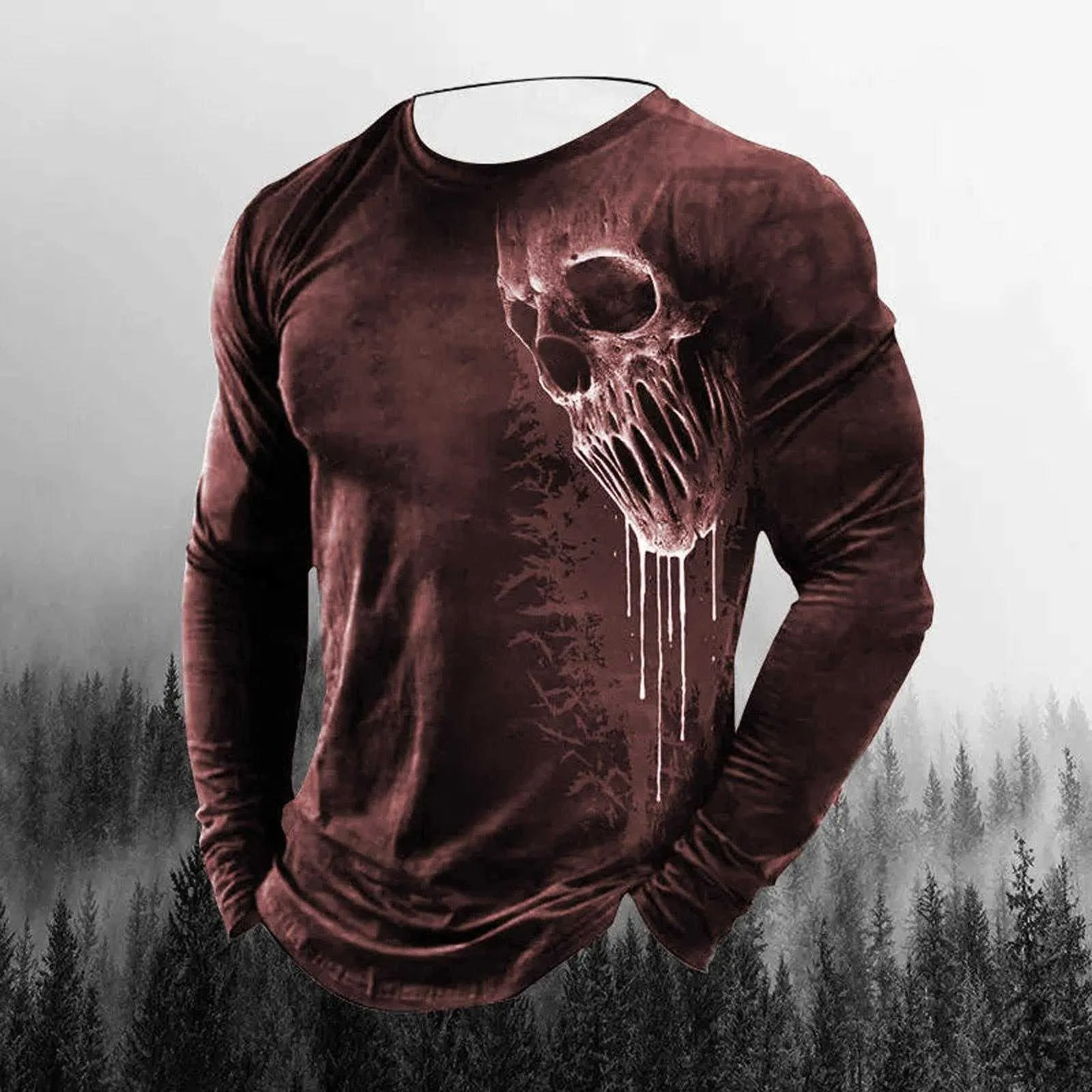 Mode herrkläder 2022 Autumn New Men's Digital Printed Loose Pullover Round Neck Skull Långärmad t-shirt