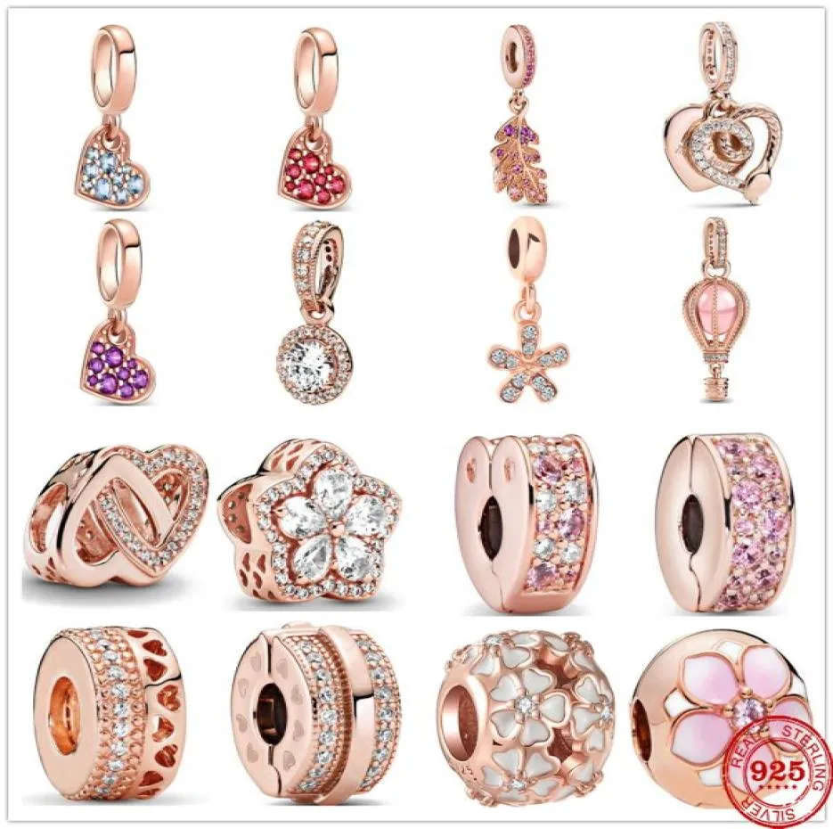 925 Silver Fit Charm 925 Armband Rose Gold Openwork Woven Infinity Daisy Hot Air Balloon Clip Charms Set Pendant DIY Fine Pärlor smycken5129648