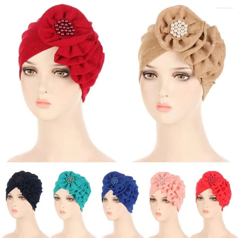 Roupas étnicas Índia Mulheres Flor Muçulmana Hijab Bonnet com Pérola Chemo Cap Câncer Islâmico Árabe Perda de Cabelo Chapéu Headwear Envoltório Scarf Femme