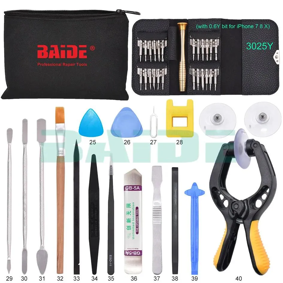 Outils BAIDE 40 en 1 Kit d'outils d'ouverture d'écran LCD avec portefeuille tournevis ensemble ventouse pince outil de levier pour Huawei iPhone 5 5s 6 6s 7 8