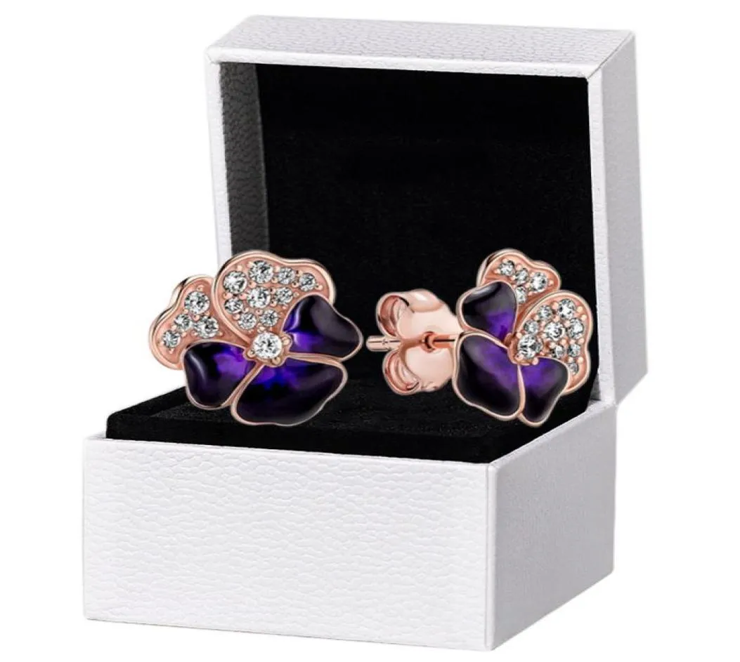 Purple Pansy Flower Stud Earrings Original Box For Womens Rose Gold Party Earring Set2777911
