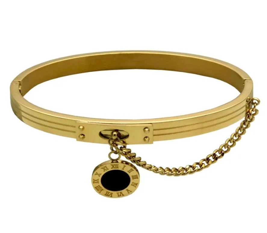 Nytt mode runda svarta skal romerska siffror charm Bangle Womens Gift 18K Gold Armband med Chain4869072