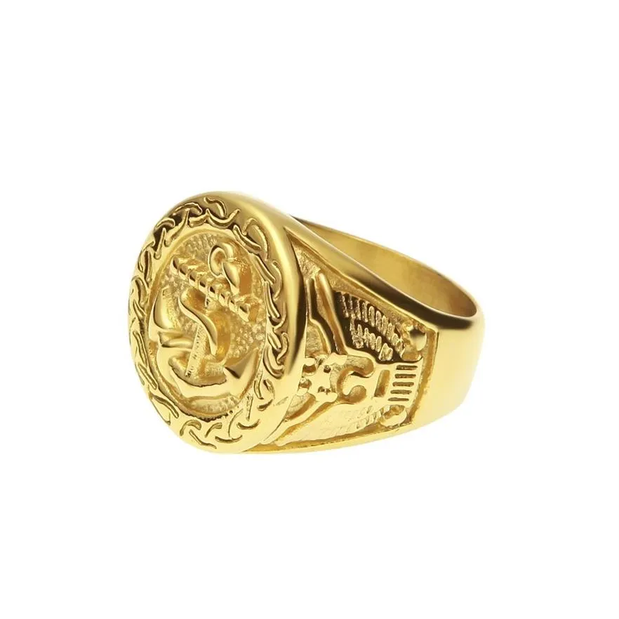 Хип-хоп рок-золотое кольцо из нержавеющей стали 316L с якорем, золотые кольца, винтажные мужские ювелирные изделия Ring271b