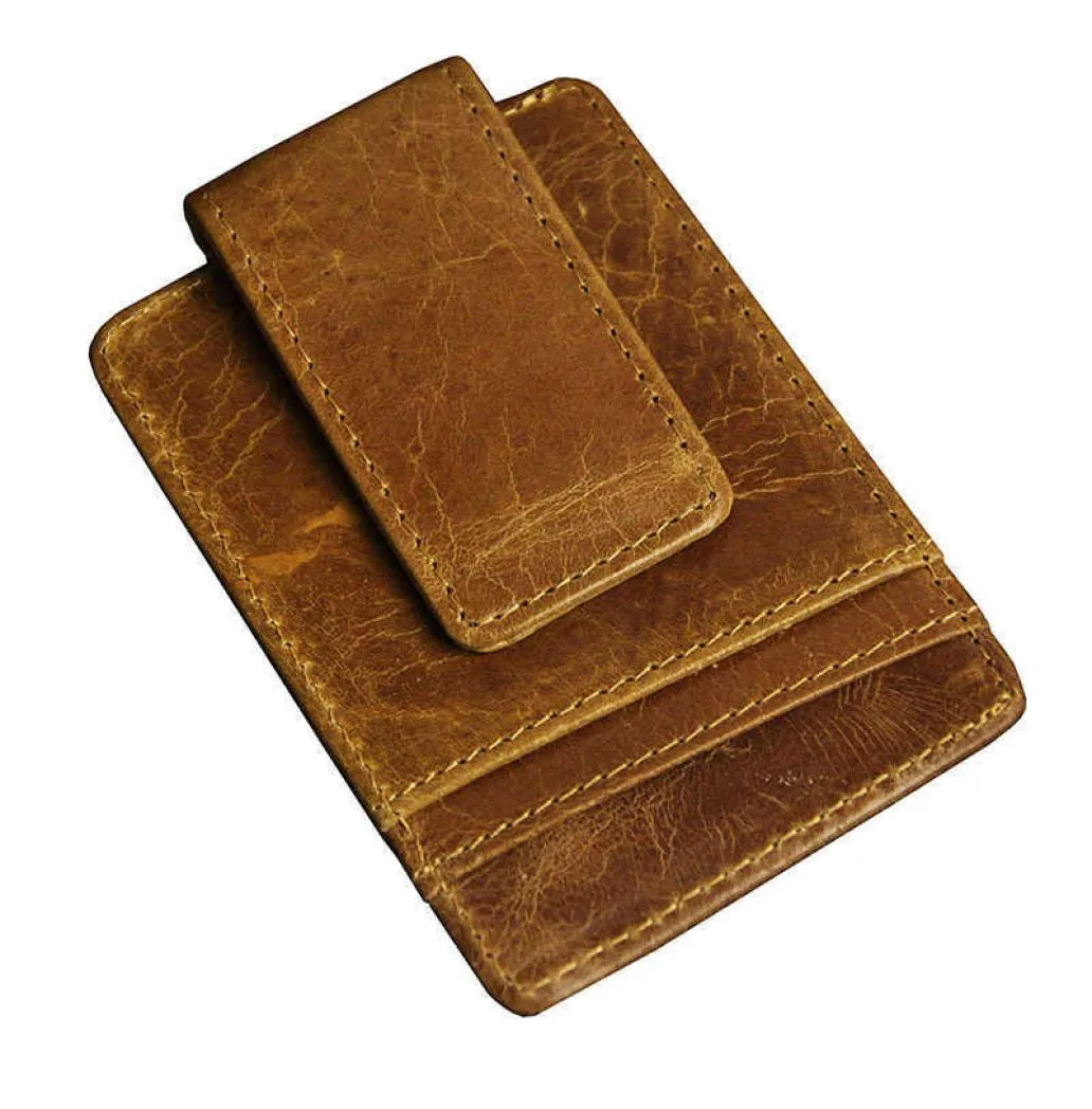 Men Money Clips Vintage Genuine Leather Front Pocket Clamp For Money Holder Magnet Magic Money Clip Wallet With Card Id Case5835031