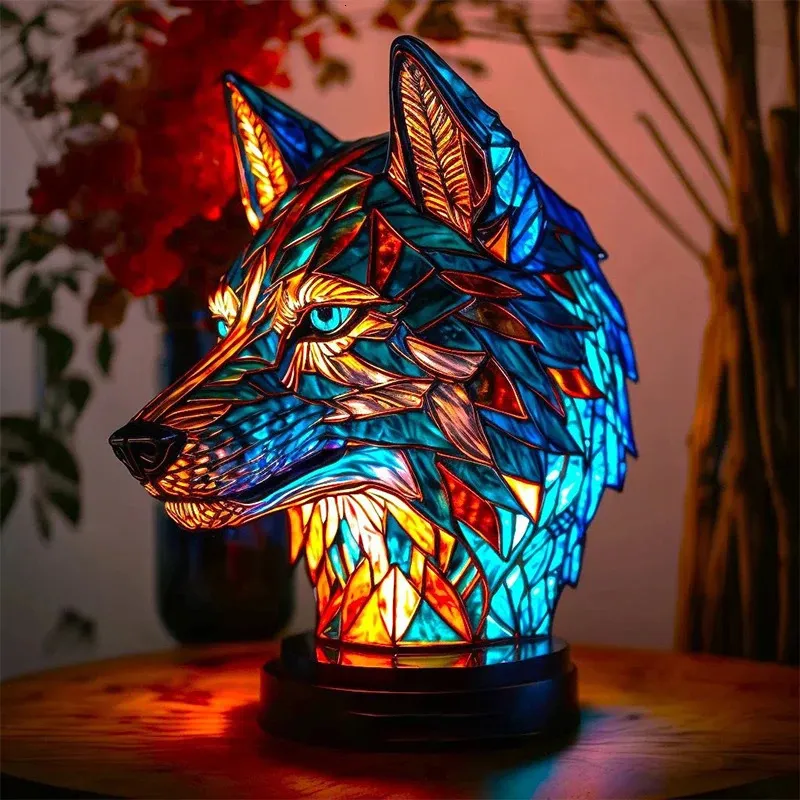 Animal Table Lamp Series Stained Glass Cat Dragon Wolf Horse Owl Dolphin Turtle Elephant Mermaid Night Light 231227