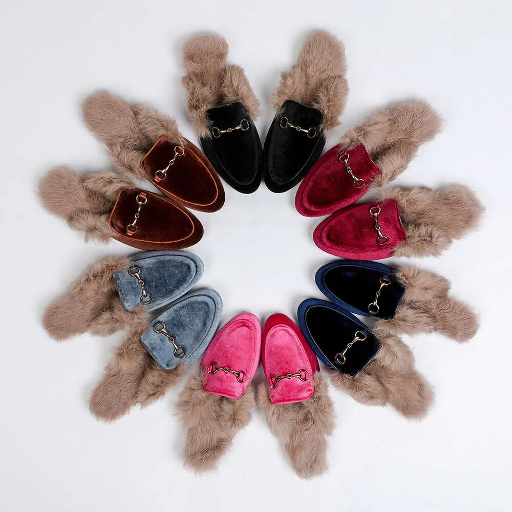 Designer shoes style flannel outerwear Mueller slippers soft leather rabbit women's shoes plush half plush shoes cotton shoes Furry slipper TIC4l