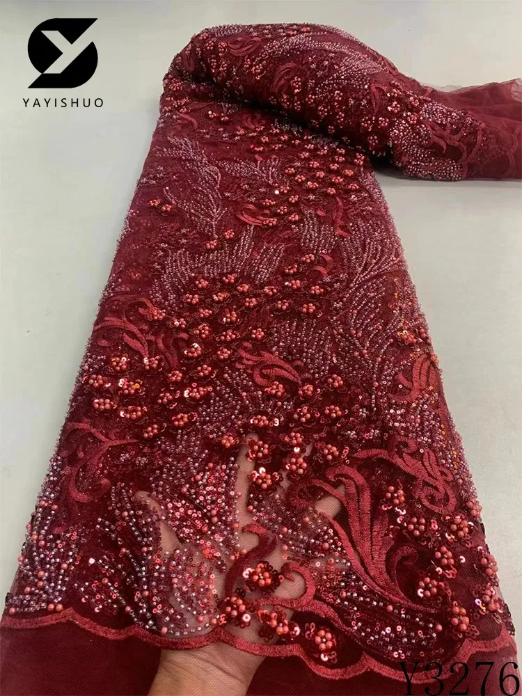 Högkvalitativ 5 meter afrikanska handgjorda pärlor snörar tyger lyxiga nigerianska paljetter mesh spets tyg för festklänning y3276 231226