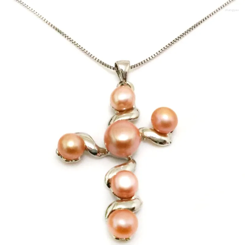 Pendant Necklaces 18 Inches 30x40mm Natural Pink Button Pearl Cross Style 925 Sterling Silver Pendent Necklace