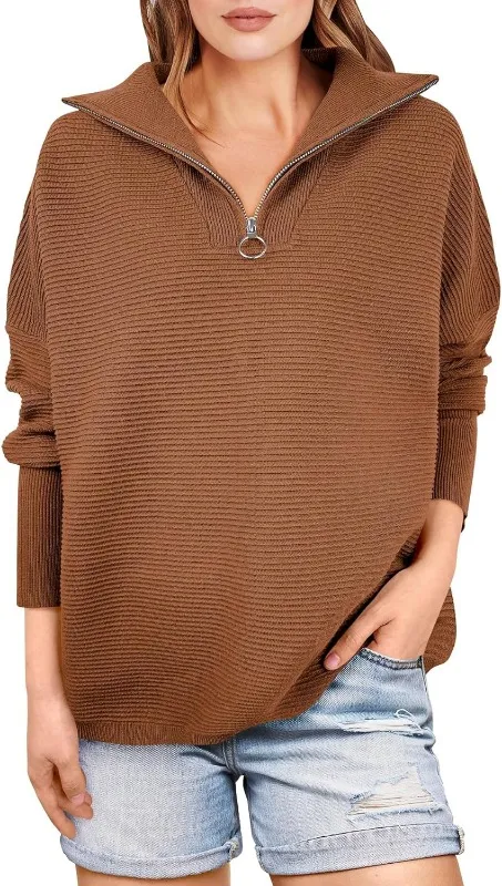 Women's Sweaters Saturday Women's Sweaters Quarter Zip Oversized Pullover Casual V Neck Collared Ribbed Knit Tunic 2023 Fashion Tops