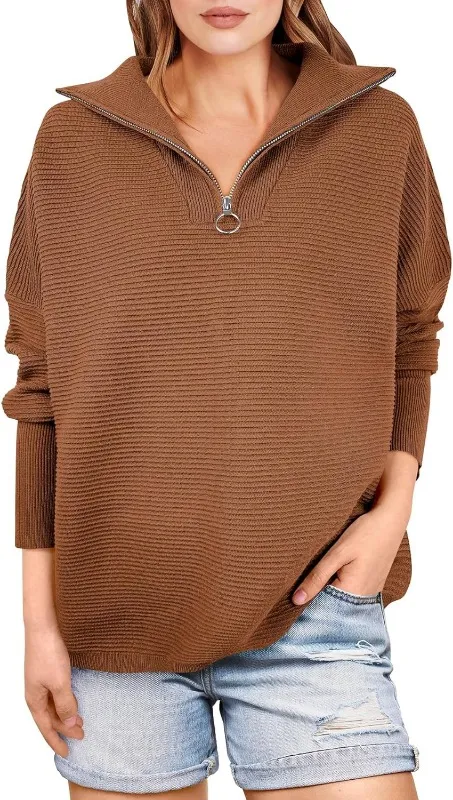 Suéteres de mujer Saturday Suéteres para mujer Jersey extragrande con cremallera de un cuarto Túnica de punto acanalado con cuello en V informal Tops de moda 2023