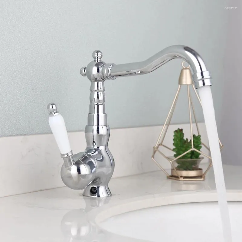 Bathroom Sink Faucets Polished Chrome Basin Faucet Ceramic Handle 360 Rotation Deck Mount Brass Cold Water Tap Kitchen