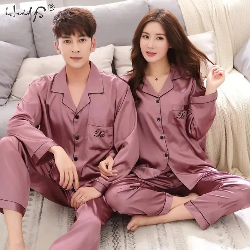 Luxury Pyjamas kostym Satin Silk Pyjamas Set Par Sleepwear Family Pijama Lover Night Suit Men Women Casual Home Clothing 231227