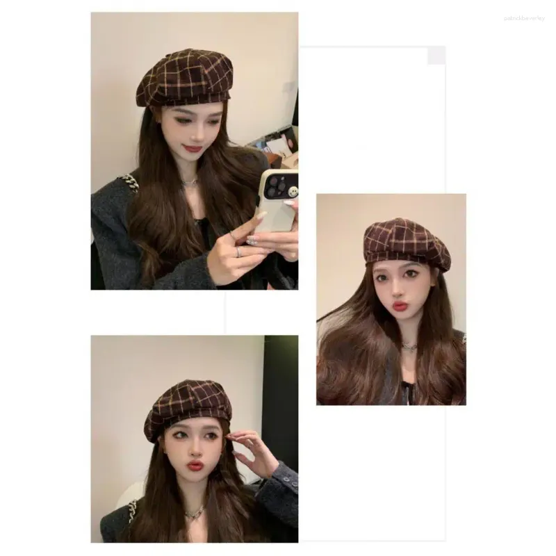 Berets Plaid Sboy Cap Stylish Women's Winter Beret Print Elastic Adjustable Soft Warm Dome Lady Painter Hat Vintage