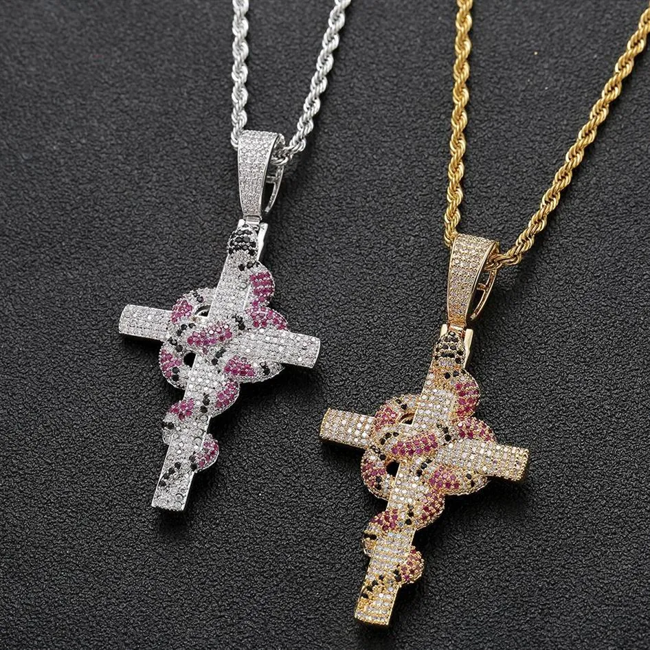 Iced Out Bunte Schlange mit Kreuz Anhänger Tennis Kette Halskette Gold Farbe Zirkonia Männer Hip hopJewelry274M