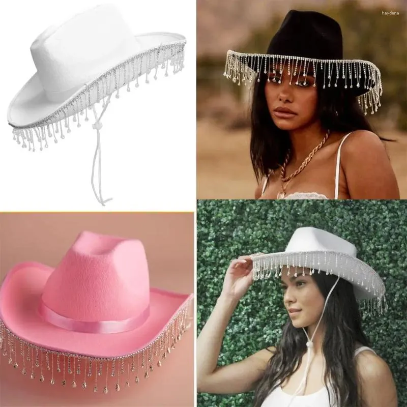 Bérets pratiques fête diamant frange Festival mariée Cowgirl chapeaux ouest déguisement Cowboy chapeau strass casquette