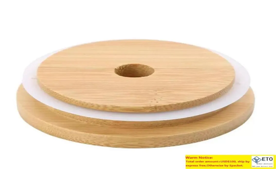 100 pcs couvercles à capuchon en bambou 70 mm 88 mm couvercle de pot de maçon en bois réutilisable avec trou de paille et sceau de silicone DHL livraison1859693