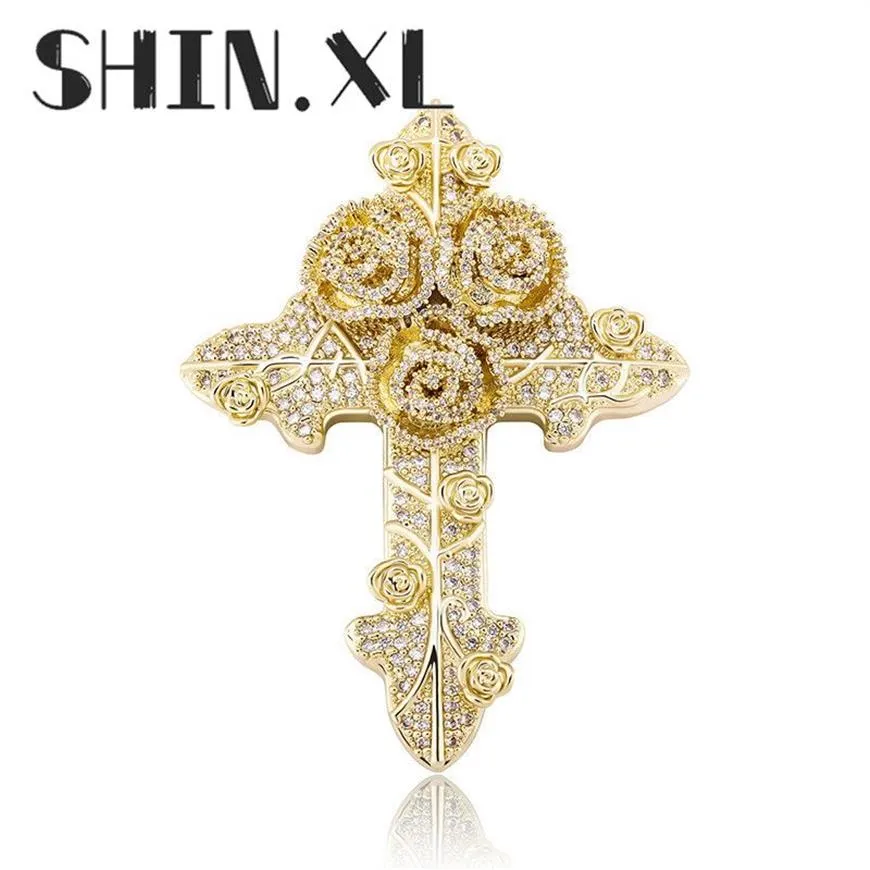 Hip Hop Iced Out Gold Plated Rose Cross Pendant Necklace Bling Bling Jewelry for Men and Women3144