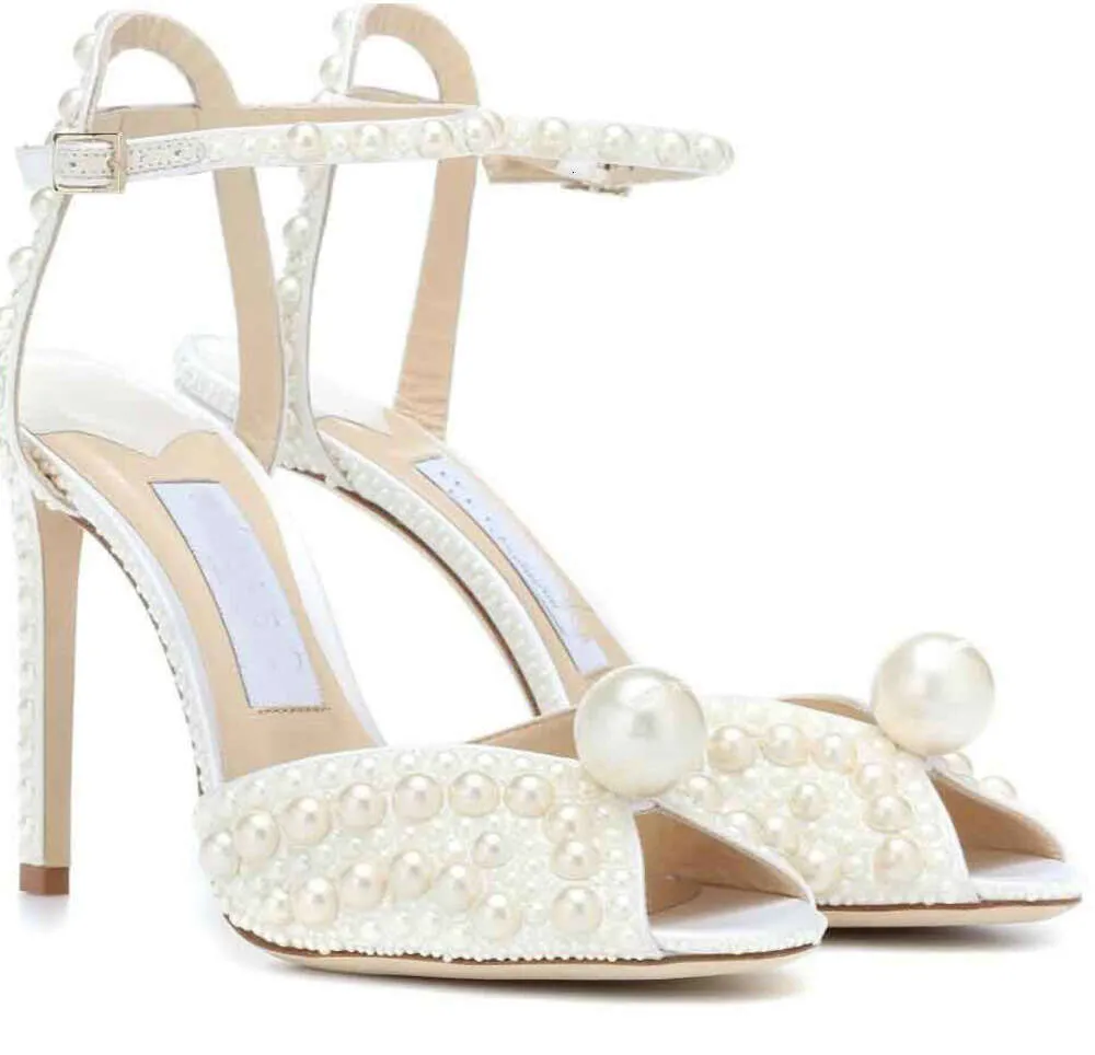 Elegant brud bröllopsklänningskor sacora lady sandaler vita pärlor läder lyx varumärken höga klackar kvinnor som går origianal66
