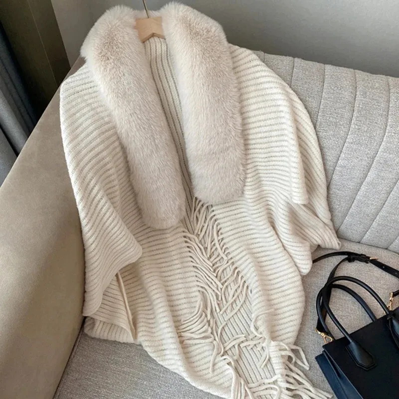 Winter kasjmier gebreide sjaal mantel poncho dames nepbontkraag kwast cape elegante poncho's warme omslag wollen vest koude jas 231226