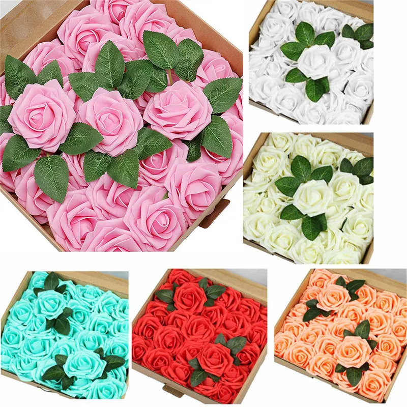 25pcs/box Artificial Flowers Fake Rose Flower w/Stem for DIY Wedding Bouquets for Bride Centerpieces Bridal Shower Party Home Room Decorations