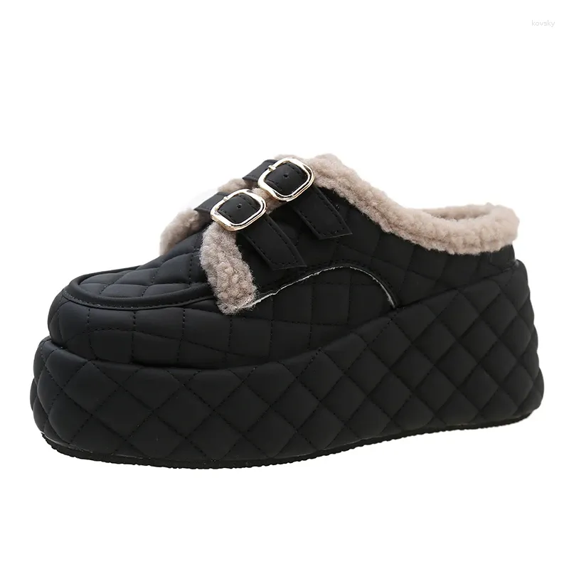 Pantoufles 2023 Chaussures Pour Femmes Hiver Chaud Court En Peluche Wedge Couleur Unie Dames Demi-Boucle Intérieur Maison Pour Les Femmes