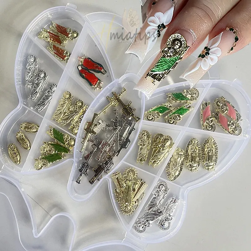 Mix 3D Santa Muerte Nail Charms Metal s Gems Virgin Mary Gemstone Acrylic Art Jewelry Decoration Accessories 231226