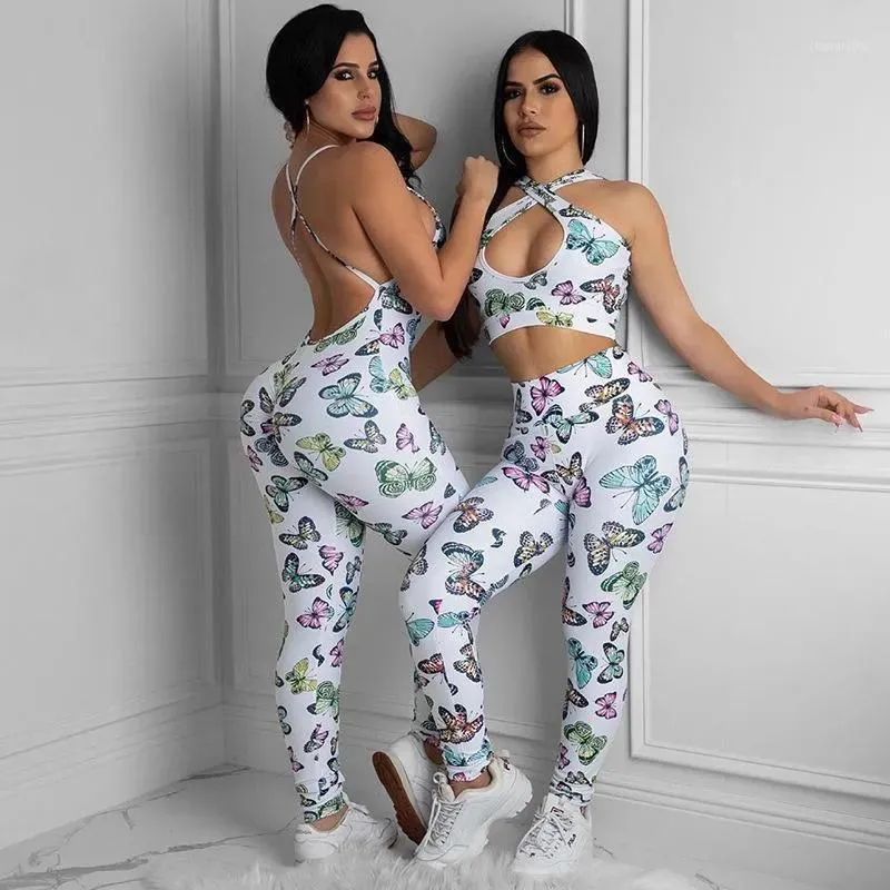 Mamelucos Monos para mujer Mamelucos Fitness Mariposa Impresión Traje de mujer Chaleco recortado + Leggings femeninos de cintura alta 2021 Entrenamiento casual Twopi