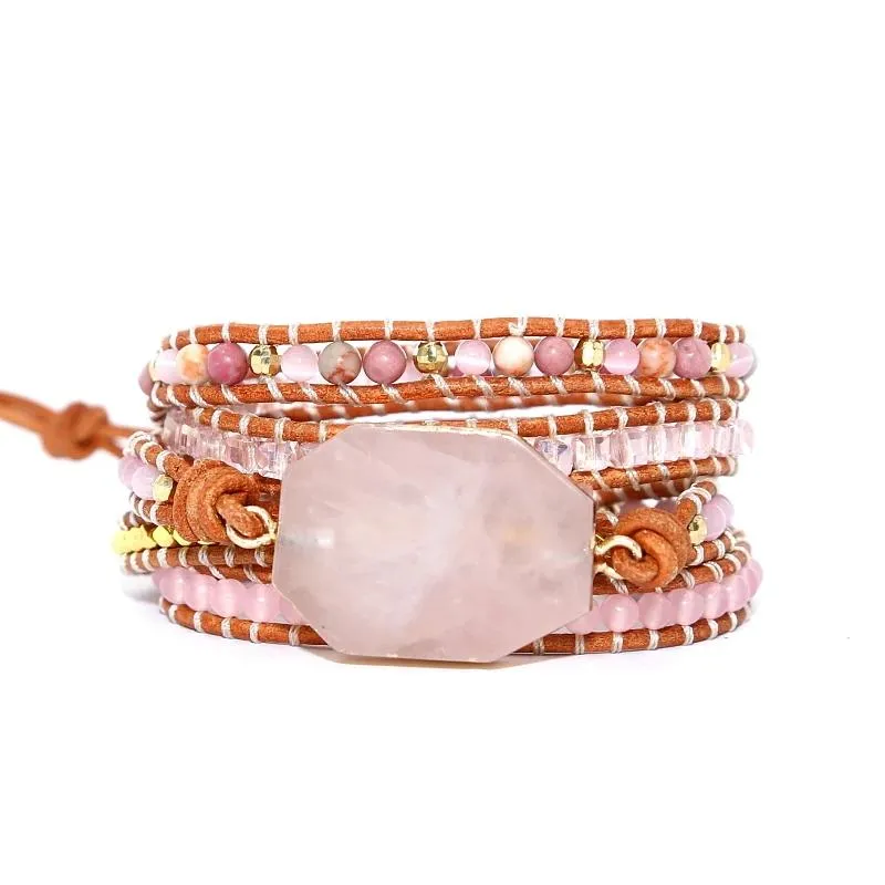 Bracciale 2019 Bracciale in pietra naturale Bracciale 5 involucri Bracciale Boho fatto a mano in quarzo rosa per le donne Bracciale in pelle regalo Dropshipping