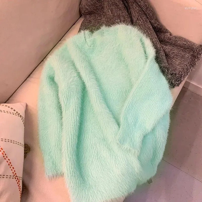 Kvinnors tröjor Lazy Style Soft Mohair Mint Green Loose Sweater Autumn Winter Women O Neck Thick Warm Sticked Overdimensionerade kvinnliga tröjor