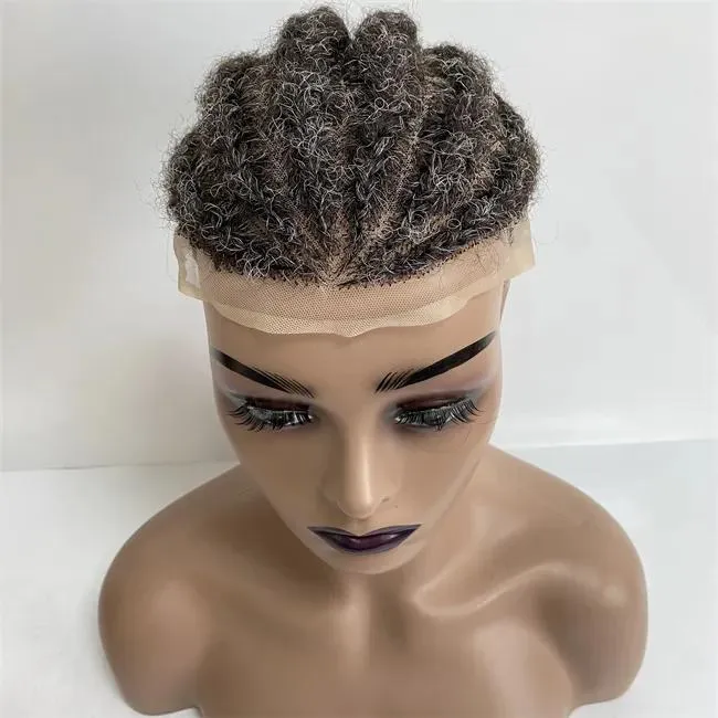 Wigs Peruvian Human Hair Hairpiece Root Afro Corn Braids #1b/grey Full Lace Toupee for old Blackman