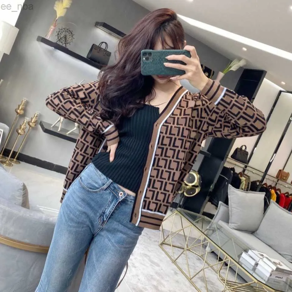 Knitted cardigan sweater high quality double F letter tees jacquard temperament V-neck thin knit jacket for men and women of the same style