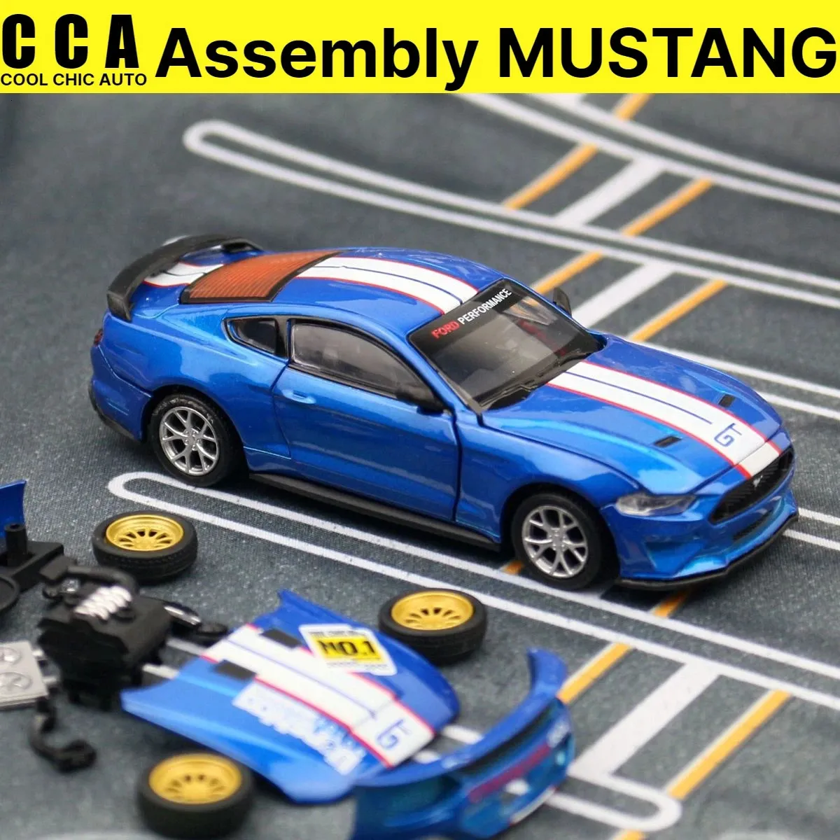 1 42 FORD MUSTANG GT組み立てられたおもちゃカーモデルDiecast Alloy Racingミニチュアフリーホイール金属コレクションギフト男の子の子供231227